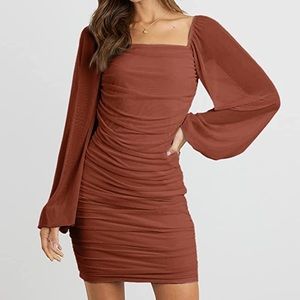 Caramel Dress, Square Neck Lantern Long Sleeve Mini Ruched Bodycon Mesh Dress
